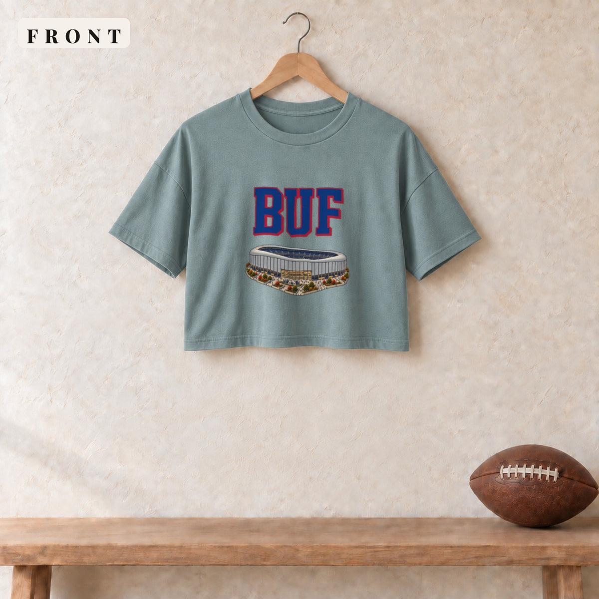 Women's Crop Tee · Mineral · front · Buffalo Home Field Advantage women's crop tee in mineral