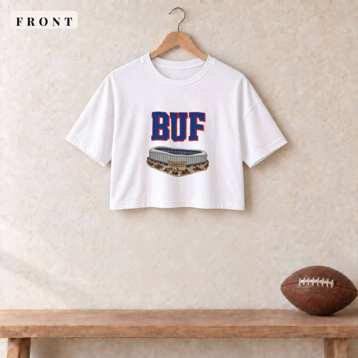 Women's Crop Tee · White · front · Buffalo Home Field Advantage women's crop tee in white