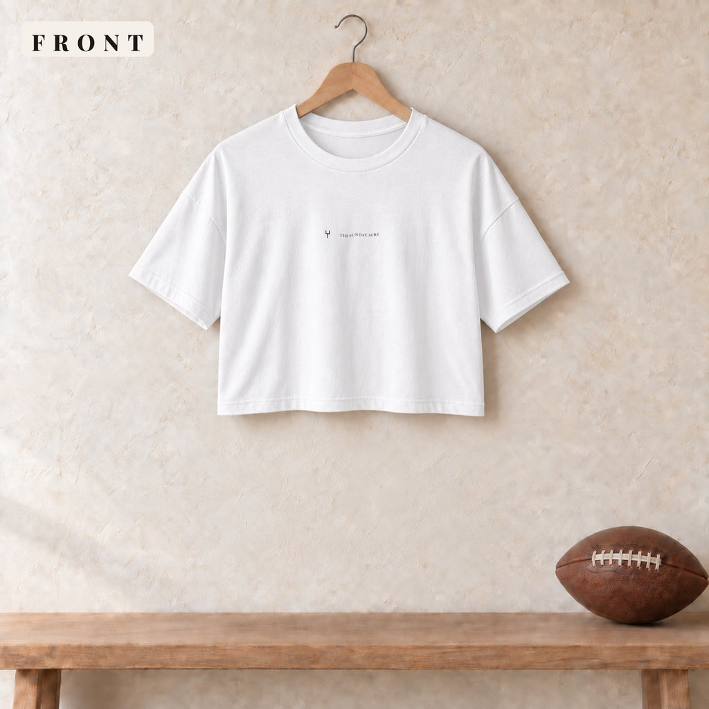 Women's Crop Tee · White · front · The Sunday Acre Logo women's crop tee in white
