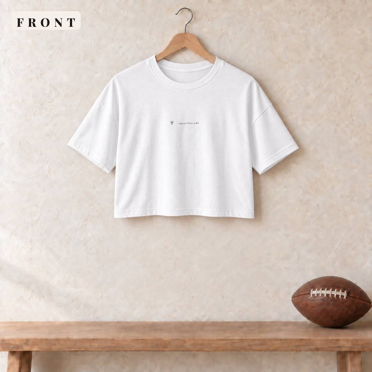 Women's Crop Tee · White · front · The Sunday Acre Logo women's crop tee in white
