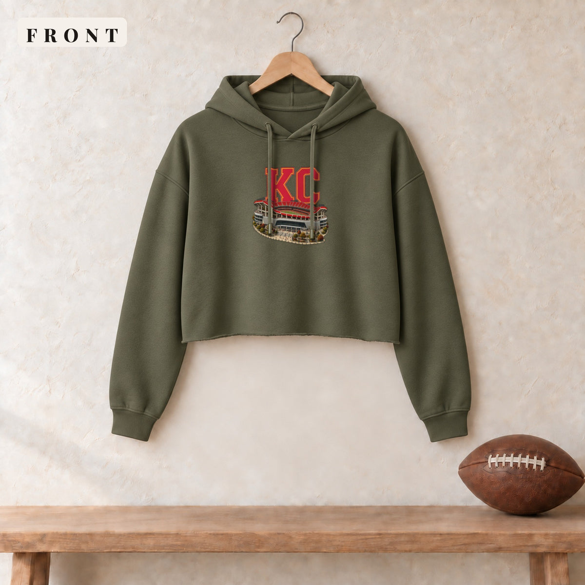 Women's Cropped Hoodie · Military Green · front · Kansas City Home Field Advantage women's cropped hoodie in military green
