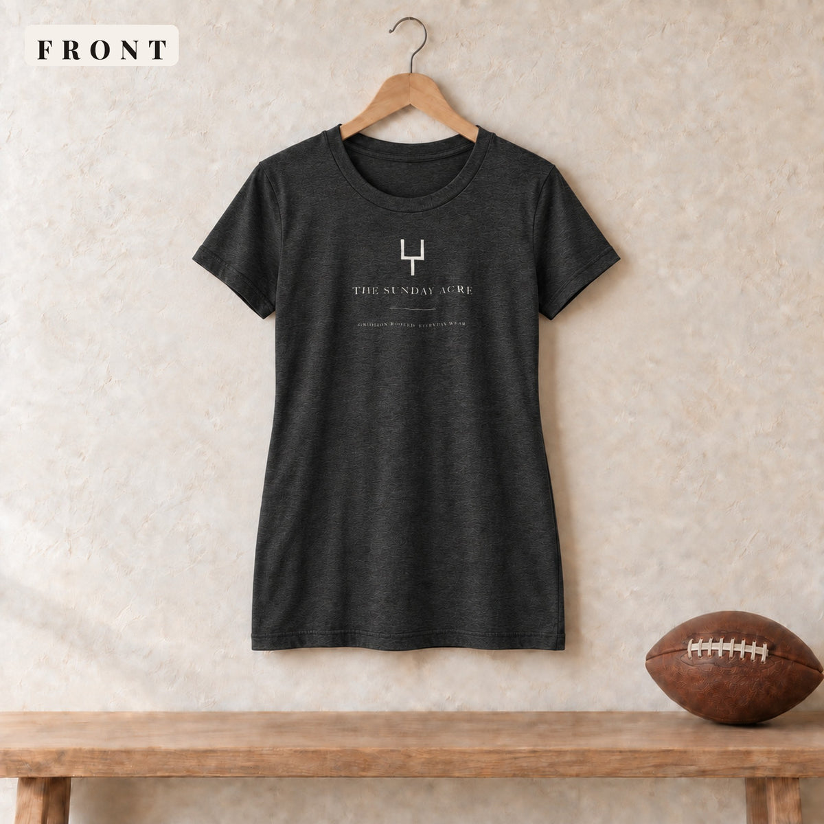 Women's Relaxed Tee · Dark Grey Heather · front · The Sunday Acre Gridiron Rooted women's relaxed tee in dark grey heather