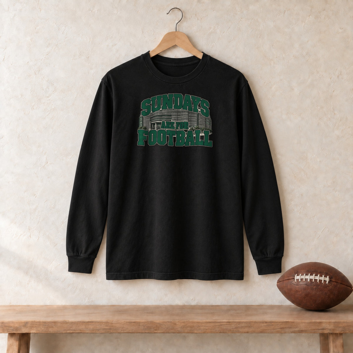 Long Sleeve Black, New York Green Sundays Are For Football long sleeve tee in black